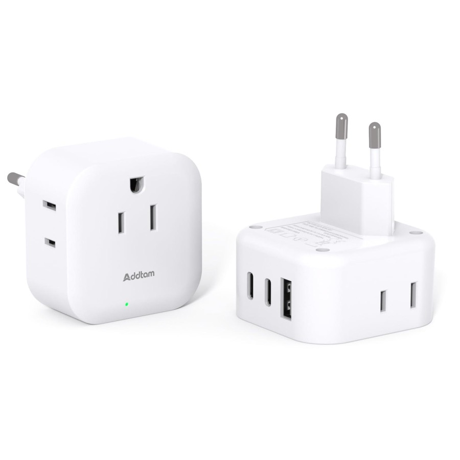 2 Pack Travel Plug Adapter with 3 Outlets 3 USB Charging Ports (2 USB C), Type C Adapter Travel Essentials to Most Europe EU Spain Italy France Germany Iceland
