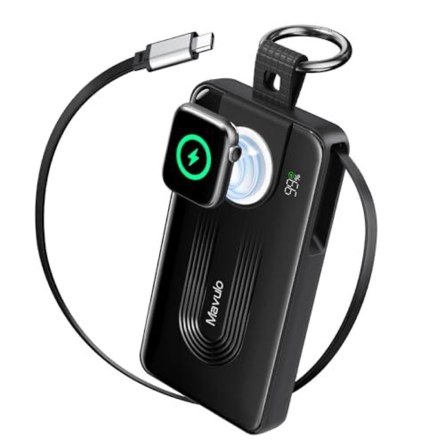 Idealforce 10000mAh Fast Charging Power Bank, Retractable Built-in Cable Portable Charger, High Capacity External Battery Pack with Cables for Apple Watch & iPhone & Android & More