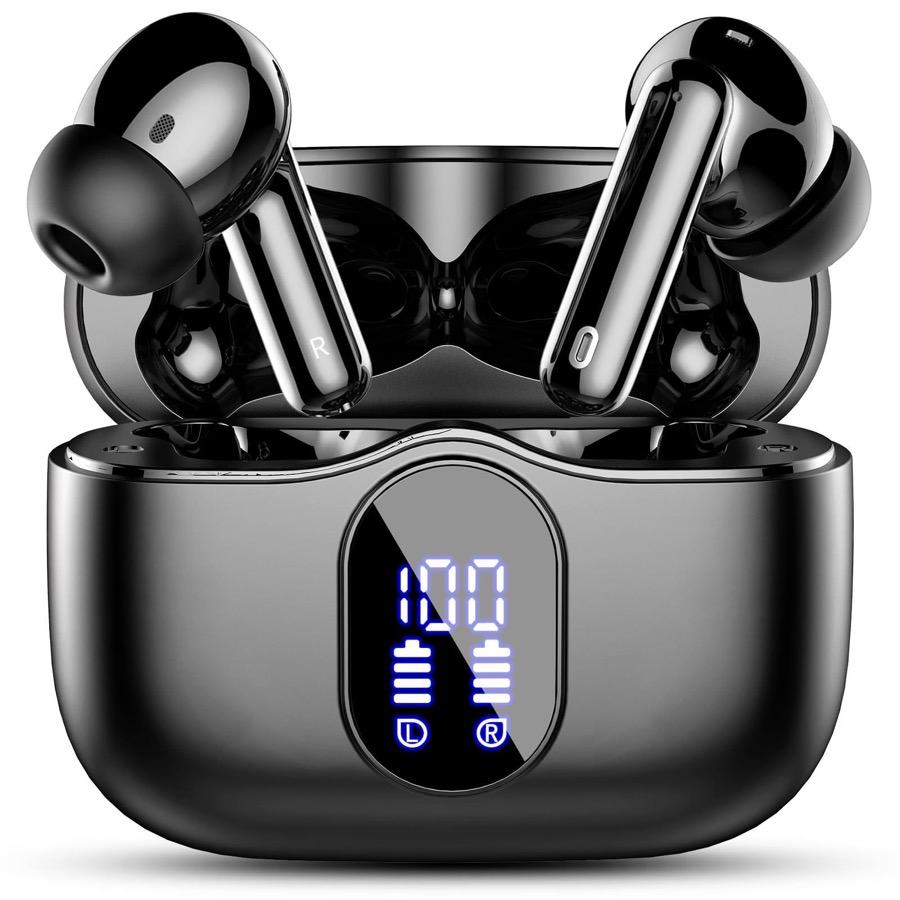 Wireless Earbuds, Bluetooth 5.4 Headphones Bass Stereo, Ear Buds with Noise Cancelling Mic, LED Display in Ear Earphones Clear Calls, IP7 Waterproof Bluetooth Earbuds for Laptop/Phones/Sports, Black