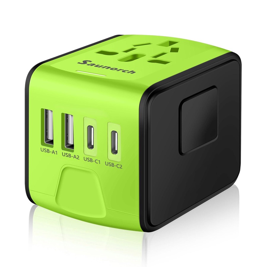 Worldwide Travel Adapter, Universal International Power Plug Adapter W/2.4A 2xUSB-A and 3.0A 2xType-C Wall Charger, Travel Plug Adapter for Europe UK EU US CA AU Italy Asia-Green